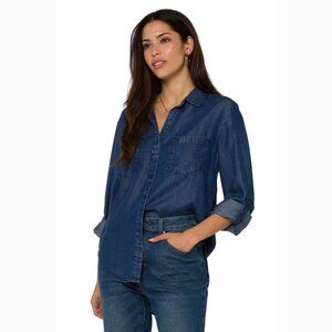 Velvet Heart Women's Shirt Button Down Long Sleeve Blue Denim Look Tencel Size L